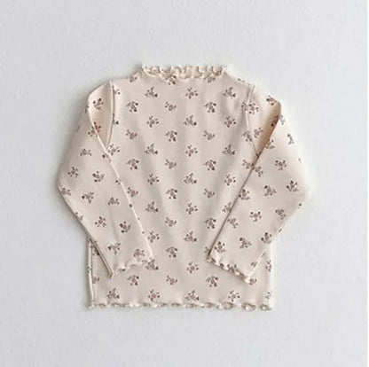 長袖Tシャツ pink floral / 80cm / 取り寄せ（3〜14日） ☺︎ キッズトップス フリルネック 長袖カットソー Tシャツ 無地 フラワー花柄プリント