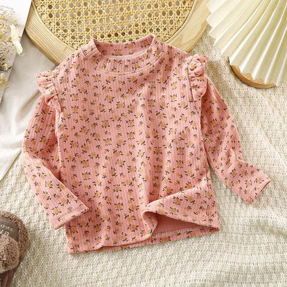 長袖Tシャツ pink floral / 90cm キッズジュニアトップス ショルダーフリル 長袖Tシャツ フラワー花柄/ハートプリント【mh0006450】