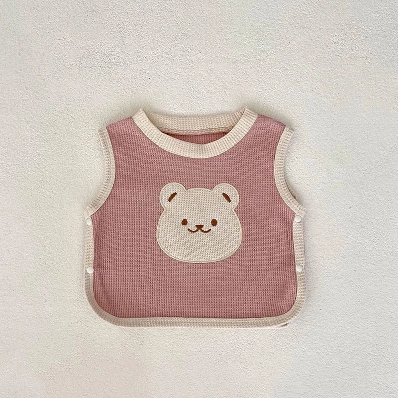 長袖Tシャツ pink vest / 66cm ベビー長袖Tシャツ レギンスパンツ ベスト ビブ ワッフル くま ベア ピンク ベージュ ユニセックス 男の子 女の子 子供服