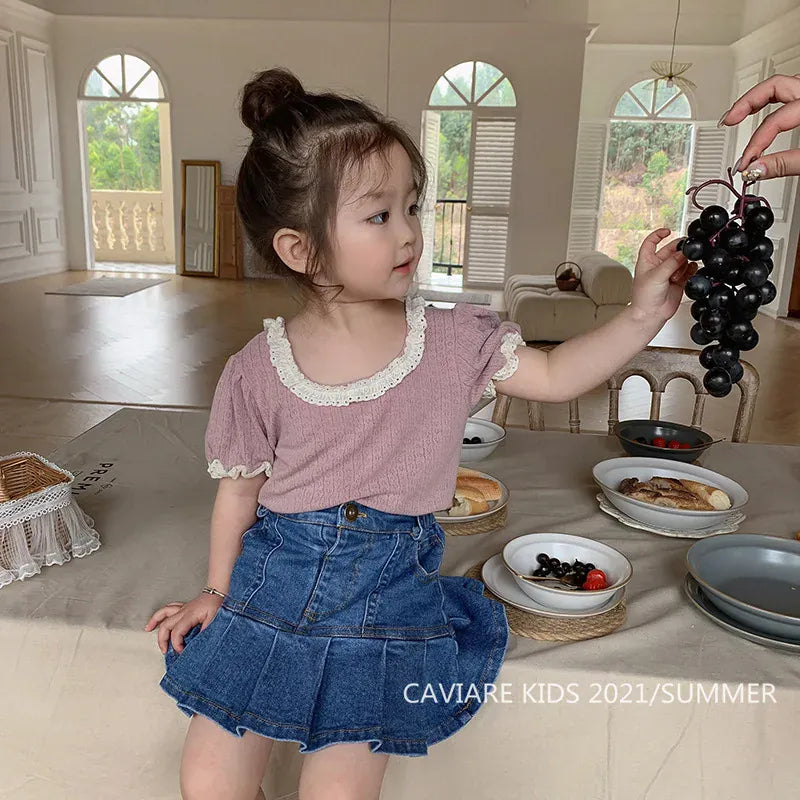 半袖Tシャツ Purple / 100cm キッズトップス 半袖パフスリーブTシャツ フリルレース 5カラー【mh0006244】