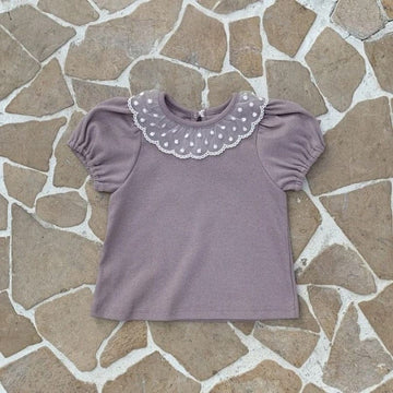 半袖Tシャツ Purple / 9M  73CM ベビートップス 半袖パフスリーブTシャツ レース襟 3カラー【mh0004997】