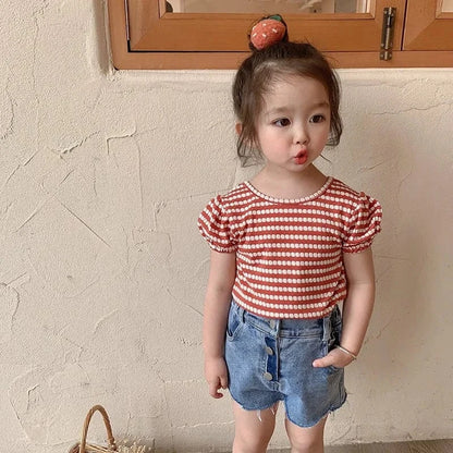 半袖Tシャツ Red / 2T 90cm キッズトップス 半袖パフスリーブTシャツ バックリボン ボーダー 2カラー【mh0005733】