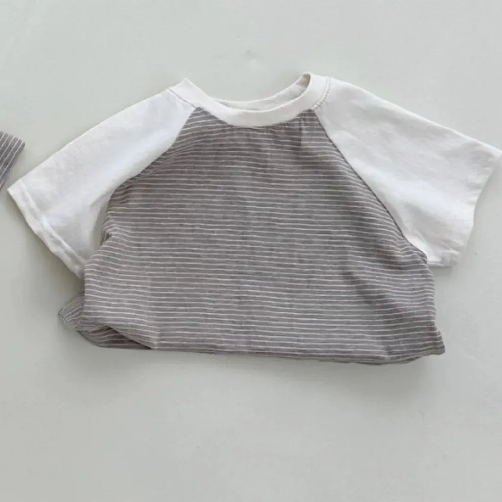 半袖Tシャツ Stripe / 9M  73CM ベビートップス 半袖Tシャツ パッチワーク ボーダー ラグランスリーブ 2カラー【mh0006313】