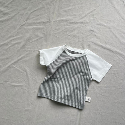 半袖Tシャツ Striped bottom / 73cm ベビートップス ボーダーラグランパッチワーク半袖Tシャツ【mh0009178】