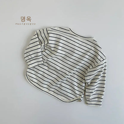 長袖Tシャツ キッズトップス 長袖ボーダーヘンリーネックTシャツ シンプルベーシック