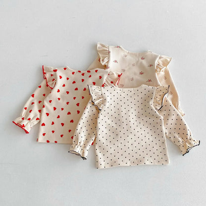 長袖Tシャツ キッズトップス 長袖ショルダーフリルTシャツ ハート/フラワー小花柄/水玉ドットプリント