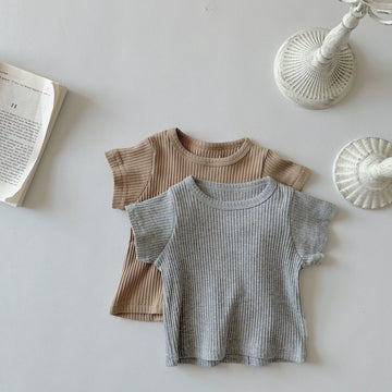 半袖Tシャツ ベビートップス リブ Tシャツ 無地 新生児 幼児 男女兼用 コットン オーシャンネック