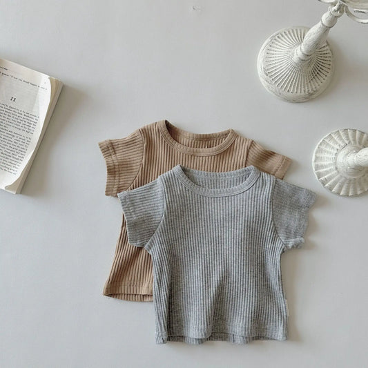 半袖Tシャツ ベビートップス リブ Tシャツ 無地 新生児 幼児 男女兼用 コットン オーシャンネック