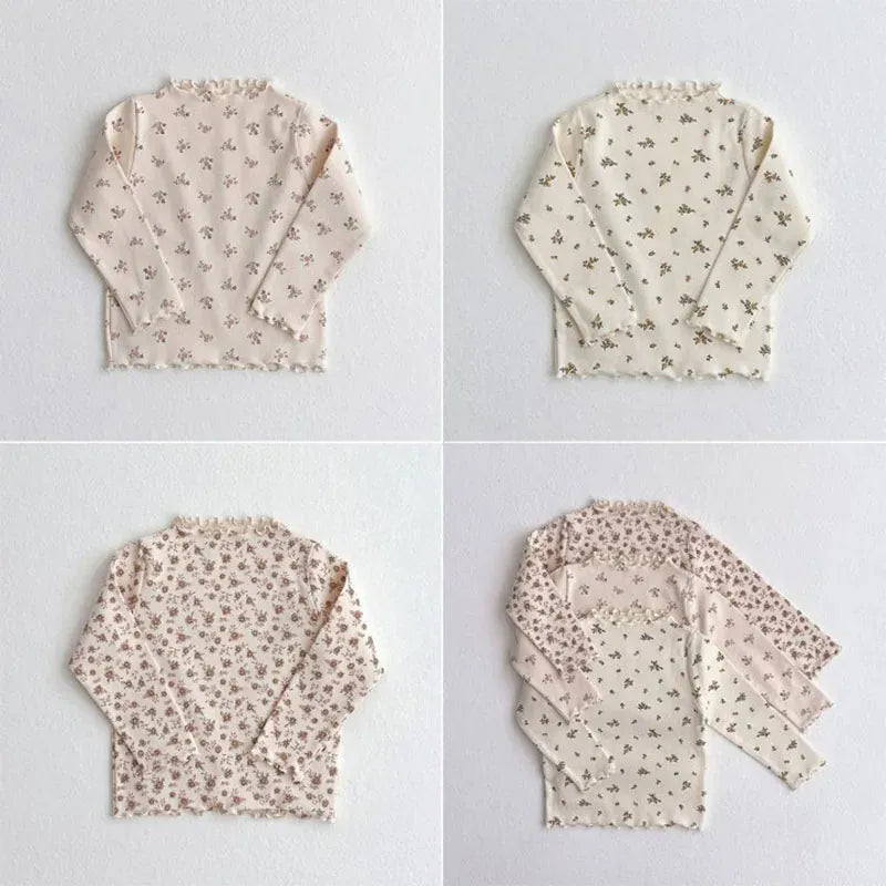 長袖Tシャツ ☺︎ キッズトップス フリルネック 長袖カットソー Tシャツ 無地 フラワー花柄プリント