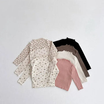 長袖Tシャツ ☺︎ キッズトップス フリルネック 長袖カットソー Tシャツ 無地 フラワー花柄プリント