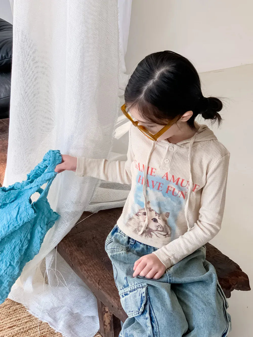 長袖Tシャツ キッズトップス フーディ長袖Tシャツ リブ ねこキャットプリント アプリコット