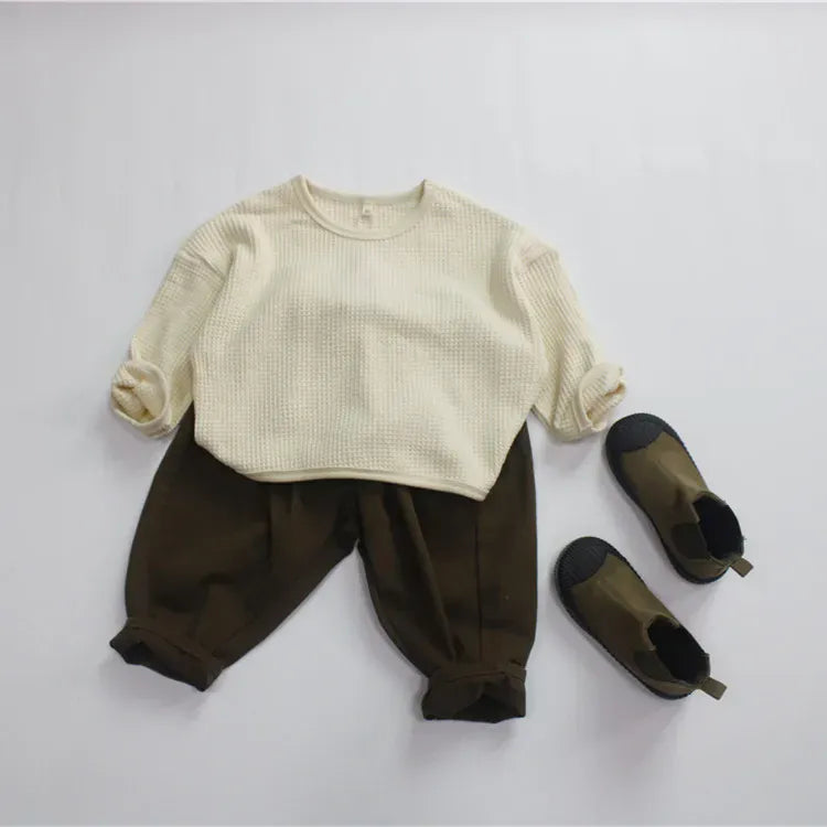 長袖Tシャツ キッズトップス 長袖Tシャツ ワッフル ルーズ シンプル ベーシック ベージュ