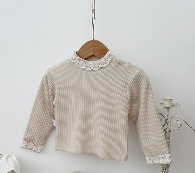 長袖Tシャツ ベビー長袖Tシャツ トップス レース ピンク ベージュ ガールズ 女の子 子供服
