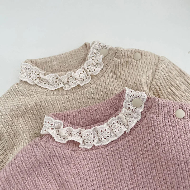長袖Tシャツ ベビー長袖Tシャツ トップス レース ピンク ベージュ ガールズ 女の子 子供服