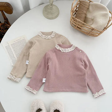 長袖Tシャツ ベビー長袖Tシャツ トップス レース ピンク ベージュ ガールズ 女の子 子供服