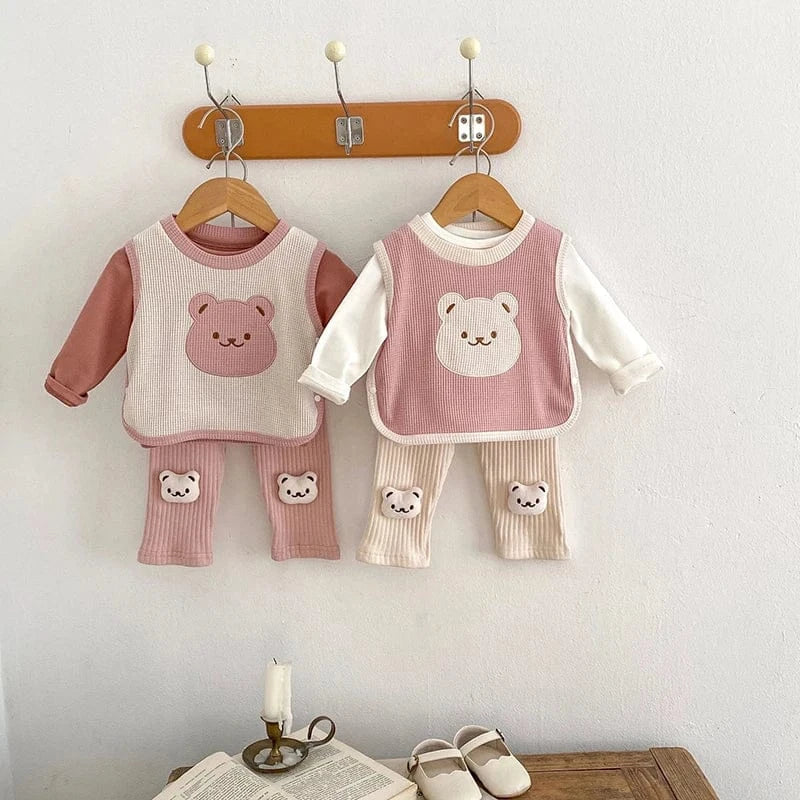長袖Tシャツ ベビー長袖Tシャツ レギンスパンツ ベスト ビブ ワッフル くま ベア ピンク ベージュ ユニセックス 男の子 女の子 子供服