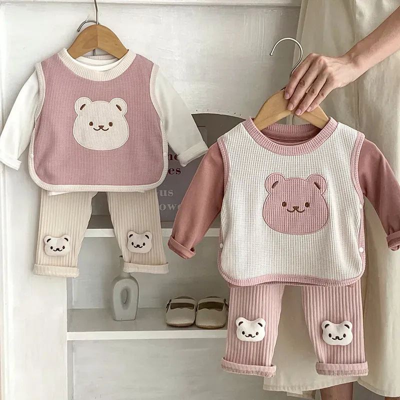 長袖Tシャツ ベビー長袖Tシャツ レギンスパンツ ベスト ビブ ワッフル くま ベア ピンク ベージュ ユニセックス 男の子 女の子 子供服