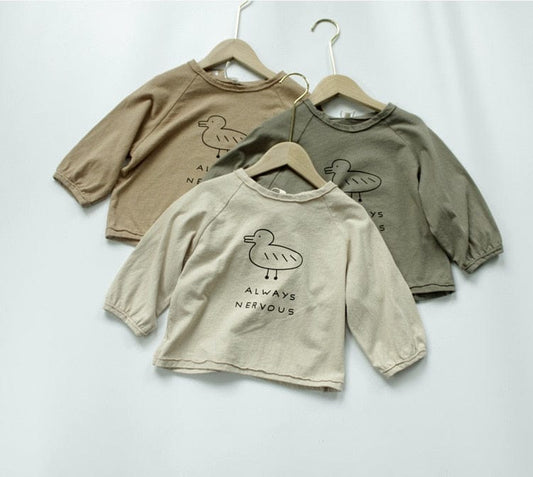 長袖Tシャツ キッズ あひる コットンリネン トップス Tシャツ