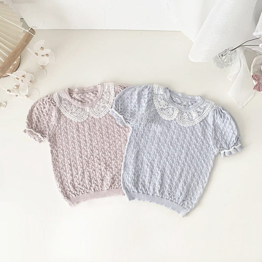 半袖Tシャツ ベビー キッズ サマーニット レースカラー 半袖 ブラウス Tシャツ トップス ピンク 水色 ガールズ