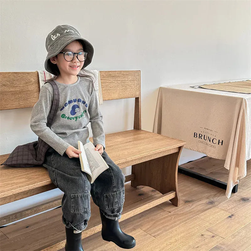 長袖Tシャツ キッズトップス レターロゴプリント長袖リブTシャツカットソー 2カラー