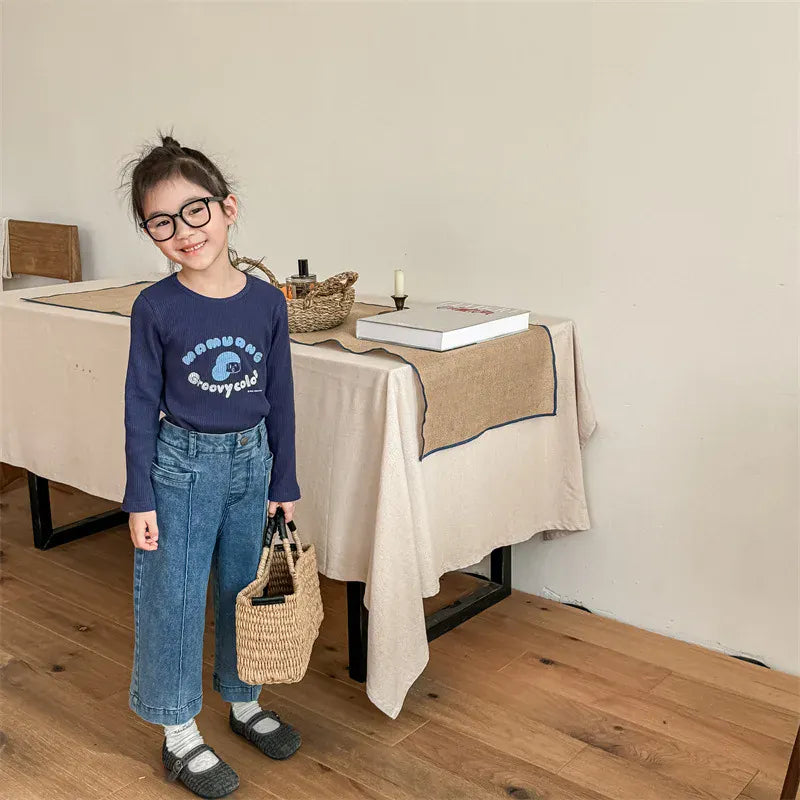 長袖Tシャツ キッズトップス レターロゴプリント長袖リブTシャツカットソー 2カラー