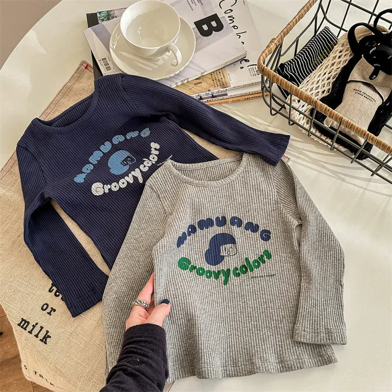 長袖Tシャツ キッズトップス レターロゴプリント長袖リブTシャツカットソー 2カラー