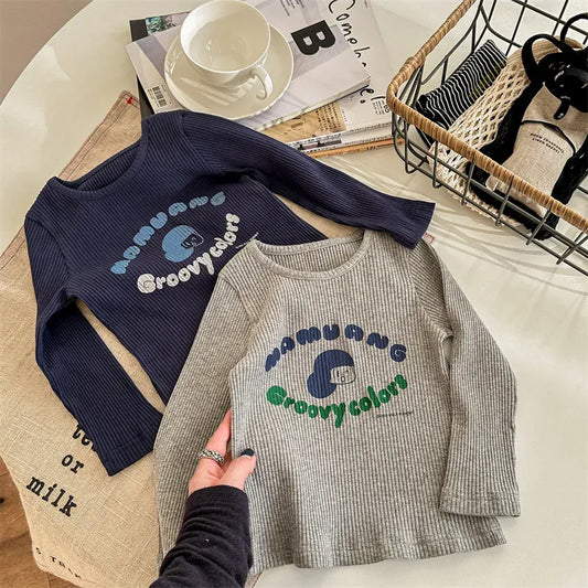 長袖Tシャツ キッズトップス レターロゴプリント長袖リブTシャツカットソー 2カラー