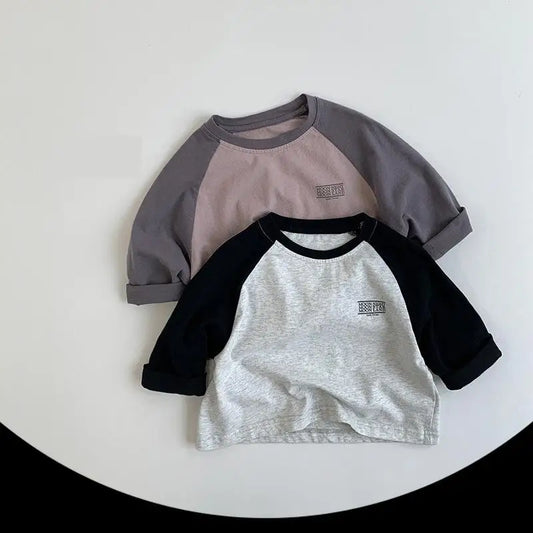 長袖Tシャツ キッズトップス 長袖ラグランパッチワークTシャツ 2カラー