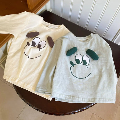 長袖Tシャツ キッズトップス 長袖Tシャツ 犬ドッグアップリケ 2カラー