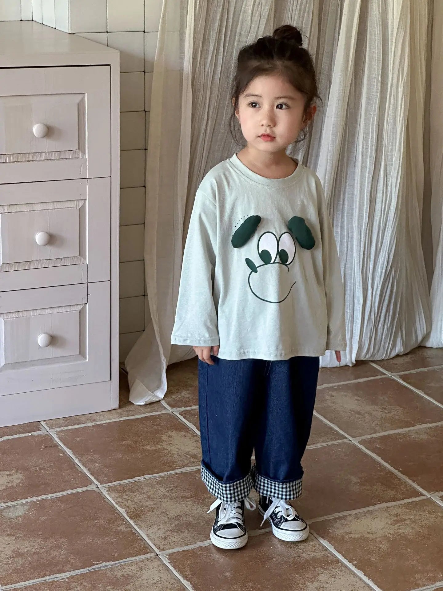 長袖Tシャツ キッズトップス 長袖Tシャツ 犬ドッグアップリケ 2カラー