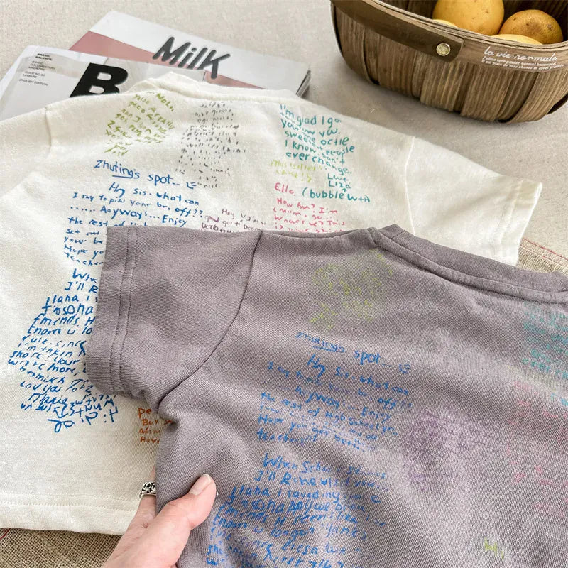 半袖Tシャツ キッズトップス 半袖Tシャツ カラフルレター ベアくまお絵描きプリント 2カラー