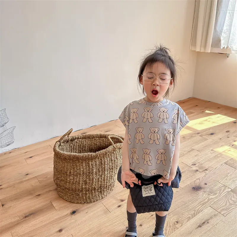 半袖Tシャツ キッズトップス ショートスリーブTシャツ くまベアプリント 2カラー