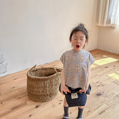 半袖Tシャツ キッズトップス ショートスリーブTシャツ くまベアプリント 2カラー