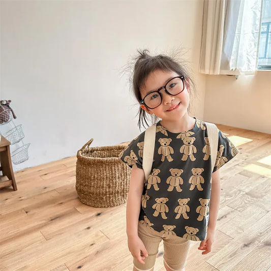半袖Tシャツ キッズトップス ショートスリーブTシャツ くまベアプリント 2カラー