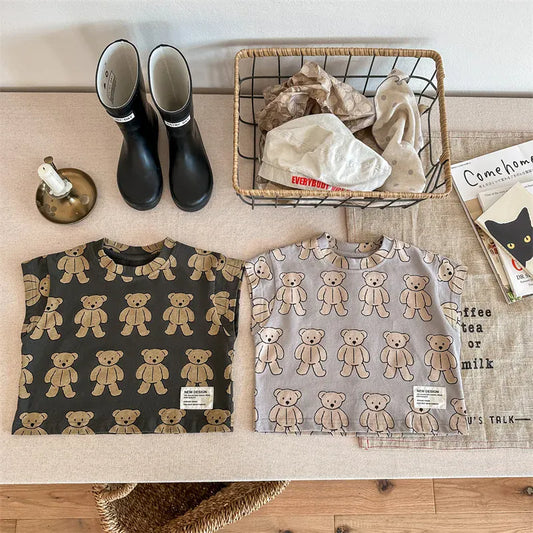 半袖Tシャツ キッズトップス ショートスリーブTシャツ くまベアプリント 2カラー