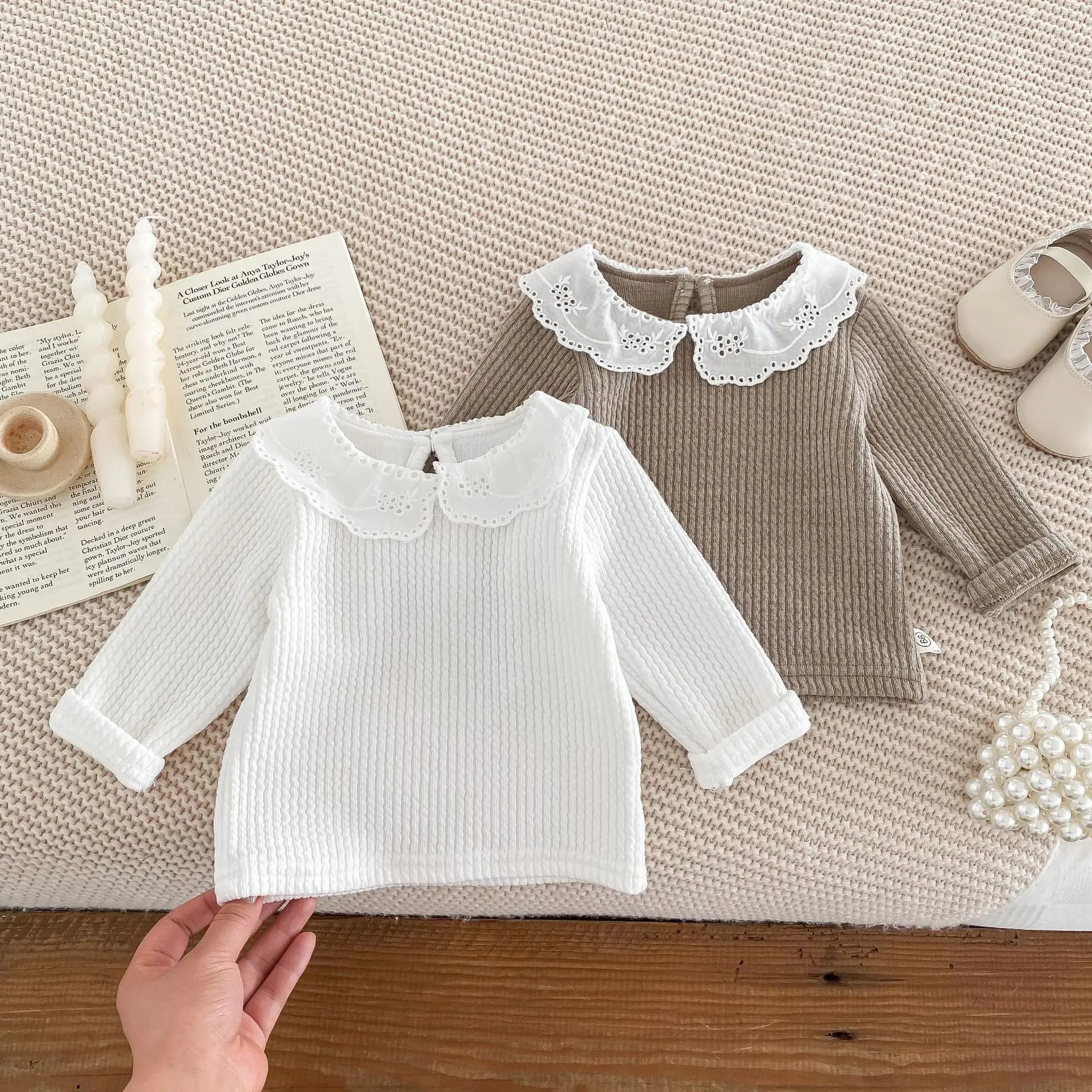 長袖Tシャツ ベビートップス レース襟 長袖Tシャツ ブラウス 2カラー