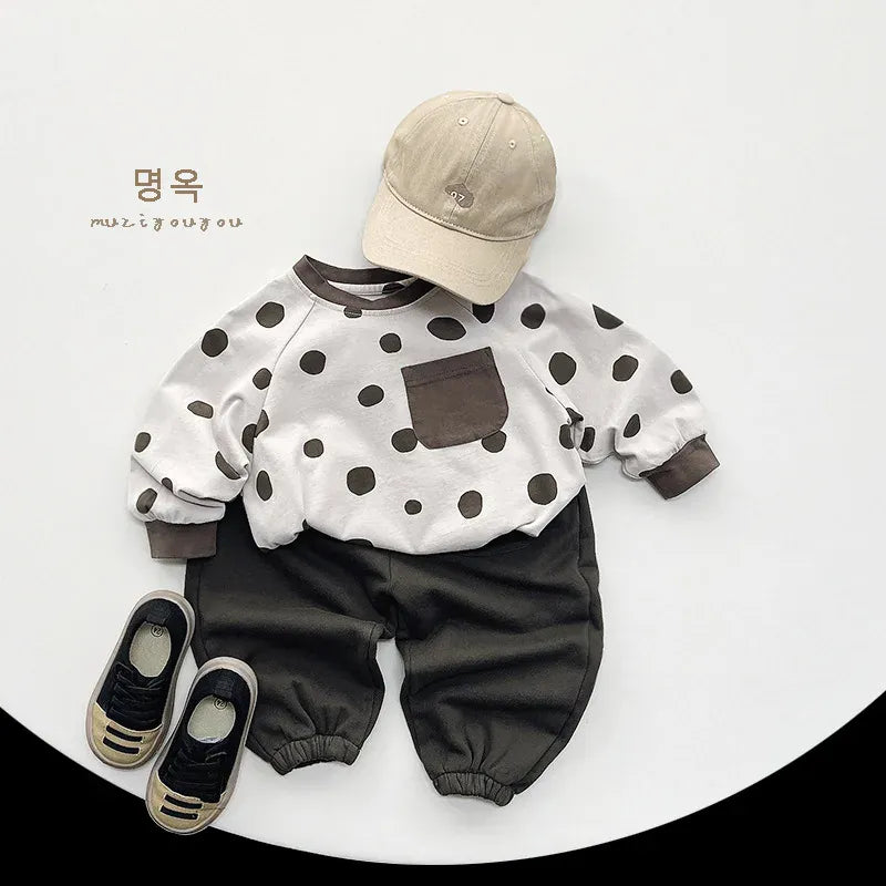 長袖Tシャツ キッズトップス 長袖Tシャツ 水玉ポルカドットプリント ポケット 2カラー