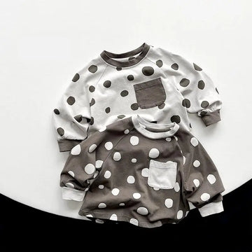 長袖Tシャツ キッズトップス 長袖Tシャツ 水玉ポルカドットプリント ポケット 2カラー