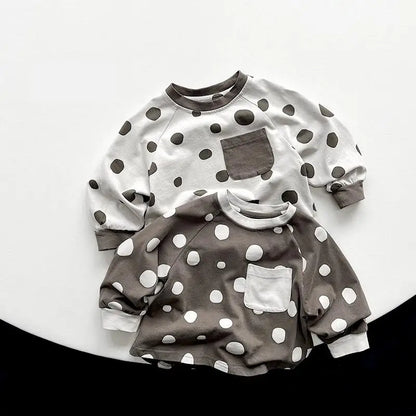 長袖Tシャツ キッズトップス 長袖Tシャツ 水玉ポルカドットプリント ポケット 2カラー