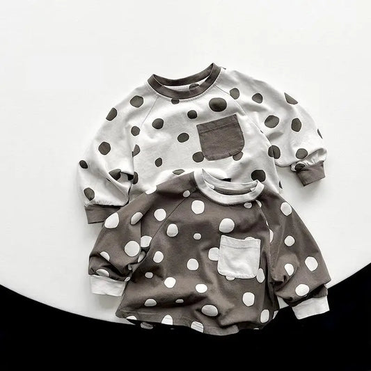長袖Tシャツ キッズトップス 長袖Tシャツ 水玉ポルカドットプリント ポケット 2カラー