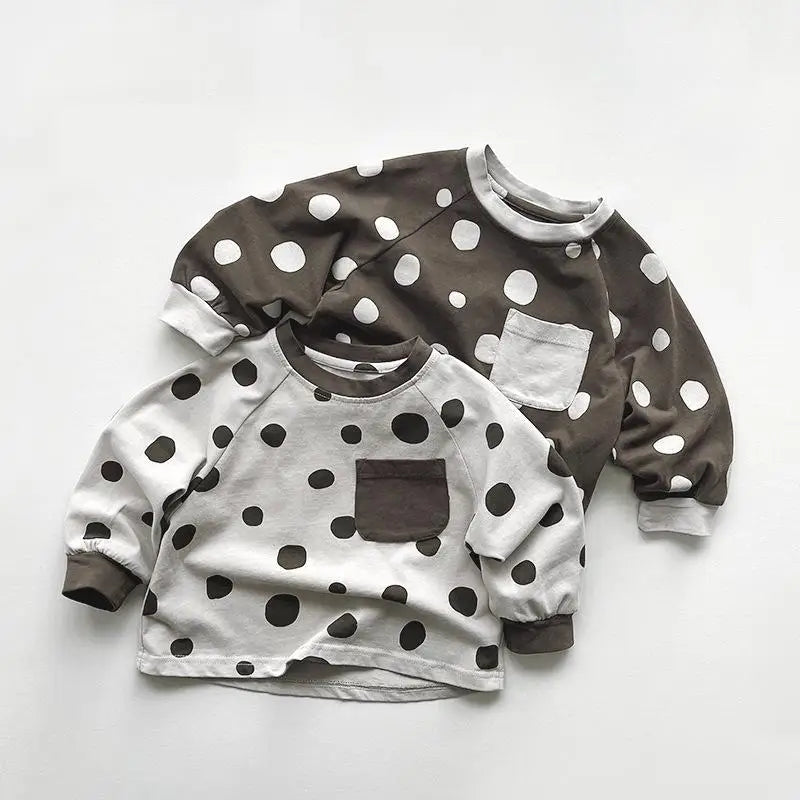 長袖Tシャツ キッズトップス 長袖Tシャツ 水玉ポルカドットプリント ポケット 2カラー