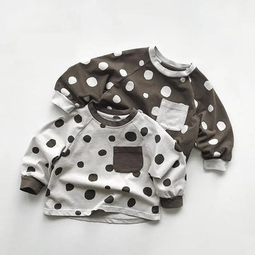長袖Tシャツ キッズトップス 長袖Tシャツ 水玉ポルカドットプリント ポケット 2カラー