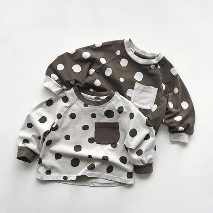 長袖Tシャツ キッズトップス 長袖Tシャツ 水玉ポルカドットプリント ポケット 2カラー
