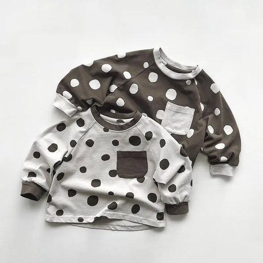長袖Tシャツ キッズトップス 長袖Tシャツ 水玉ポルカドットプリント ポケット 2カラー