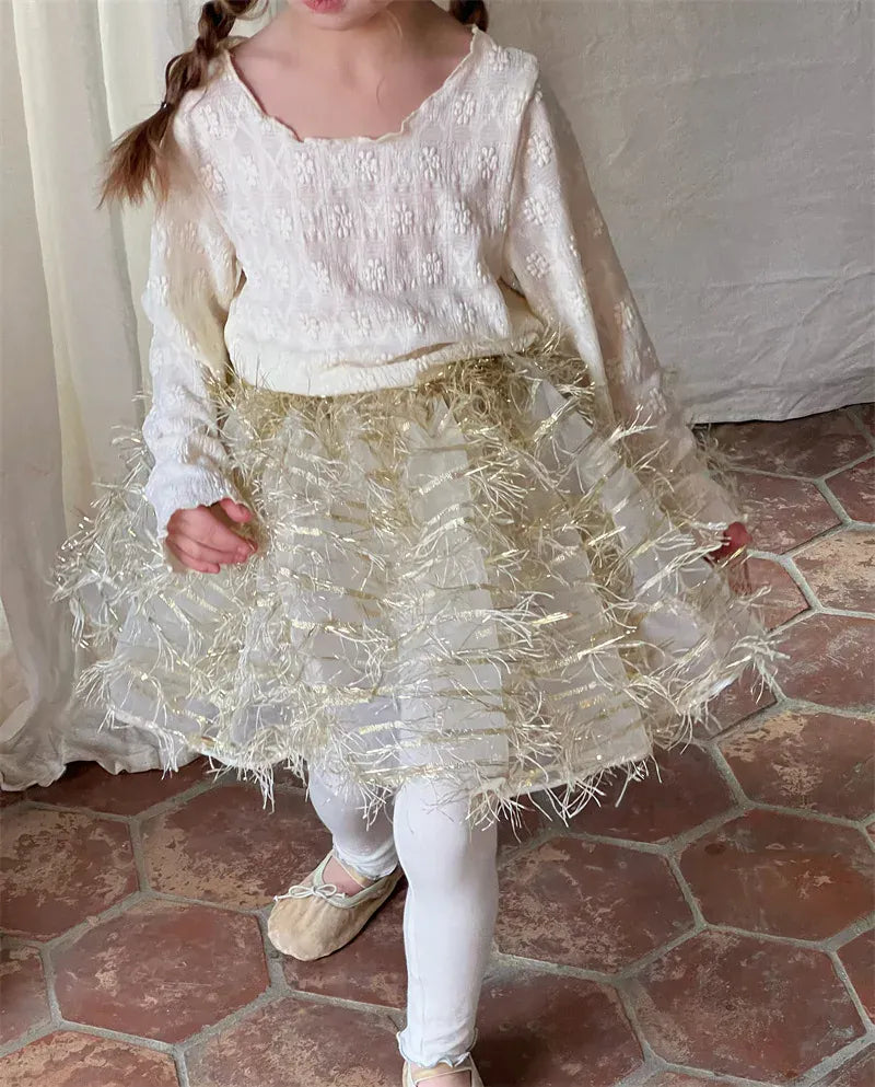 長袖Tシャツ キッズトップス エンボスフラワー 長袖Tシャツ 薄手 2カラー