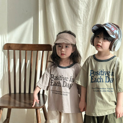半袖Tシャツ キッズトップス 半袖Tシャツ レターロゴプリント グリーン/アプリコット/2カラー