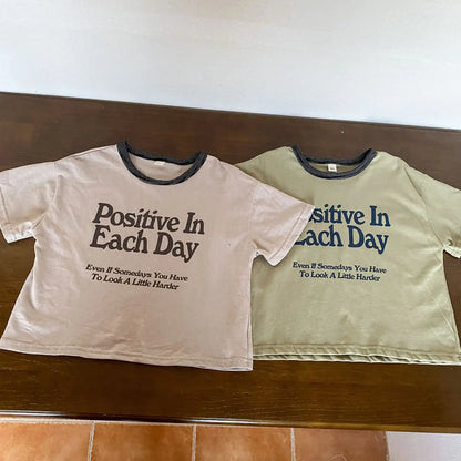 半袖Tシャツ キッズトップス 半袖Tシャツ レターロゴプリント グリーン/アプリコット/2カラー