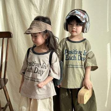 半袖Tシャツ キッズトップス 半袖Tシャツ レターロゴプリント グリーン/アプリコット/2カラー