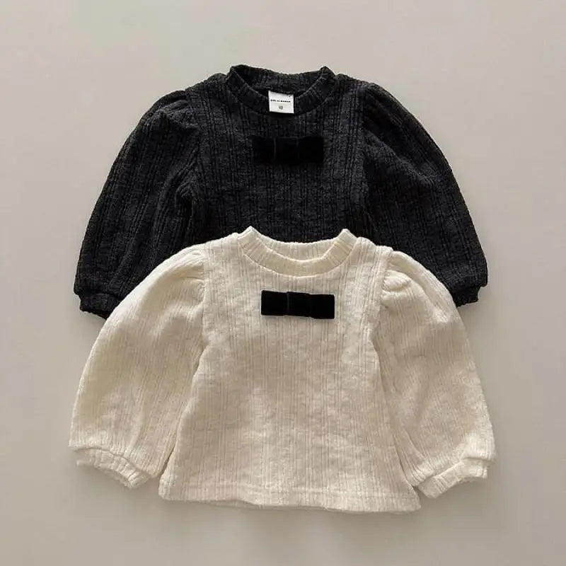 長袖Tシャツ ベビートップス 長袖パフスリーブTシャツ リボン ブラック/アプリコット/2カラー