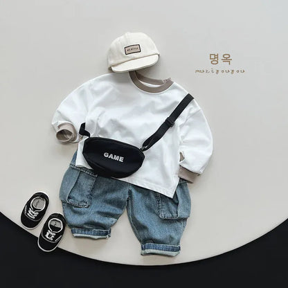 長袖Tシャツ キッズトップス 長袖Tシャツ シンプルベーシック ベージュ/グレー/2カラー